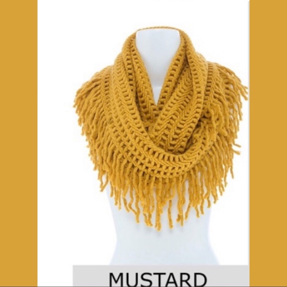 Mustard - Elegant Knitted Infinity Scarf w/ Fringe - Picture 3 of 4